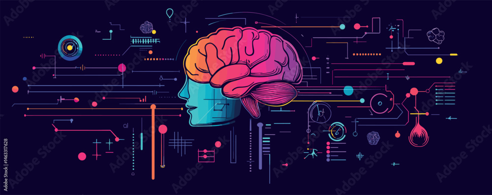 Poster futuristic ai brain interface with neural connections in vibrant colors on dark background.