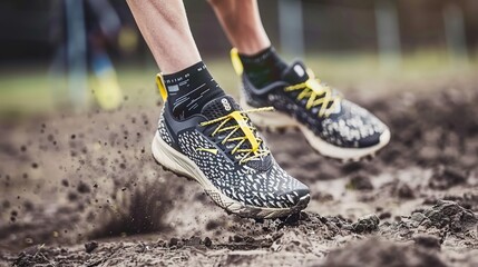 A close - up view of a runner's sport shoes covered in dirt, highlighting the ruggedness and the action of running on a dirty terrain. The shoes, with their unique design and dirt - splattered appeara