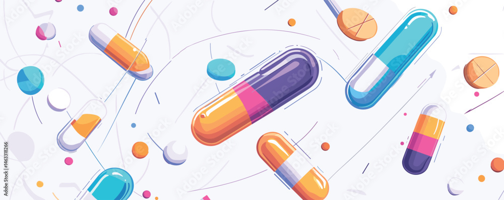 Poster colorful capsules and pills floating on white background with abstract lines.