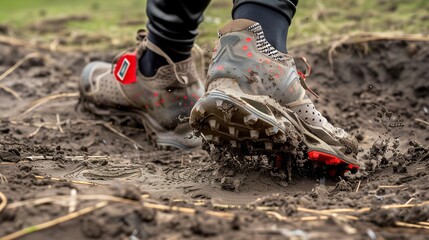 A close - up view of a runner's sport shoes covered in dirt, highlighting the ruggedness and the action of running on a dirty terrain. The shoes, with their unique design and dirt - splattered appeara