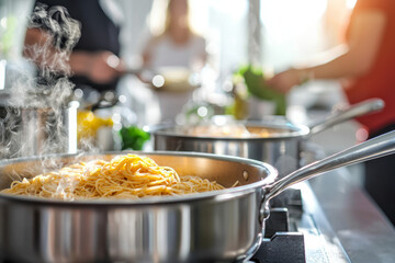 A sunny kitchen with pots and pans on the stove. A father and son are preparing spaghetti while the mother sets the table in the background