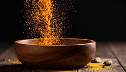 Sprinkling turmeric powder kitchen culinary technique dark background close-up cooking art