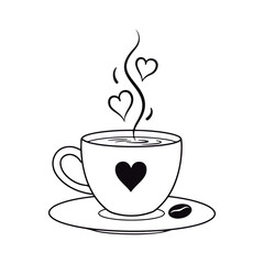 Steaming Cup and Saucer with Heart Design. Coffee Bean and Heart Shaped Steam Sketch.
