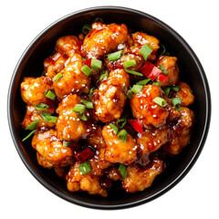 chinese orange chicken in bowl on white background shot from overhead view [Transparent Background PNG].