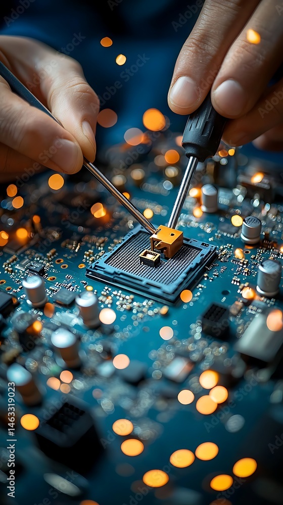 Poster close-up view of hands soldering a chip on a circuit board, sparking and focused