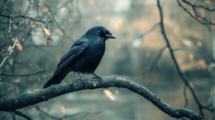 Fototapeta premium A crow perched on a branch, its black feathers blending with the dark background.
