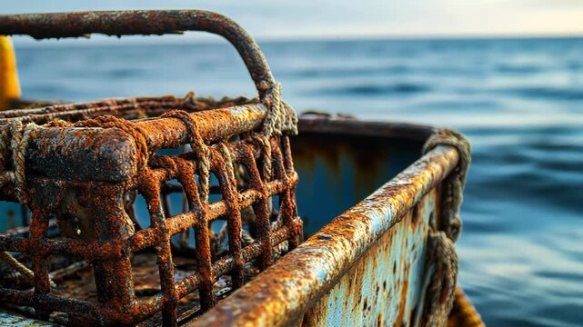 Rusty lobster trap on weathered boat, ocean backdrop
