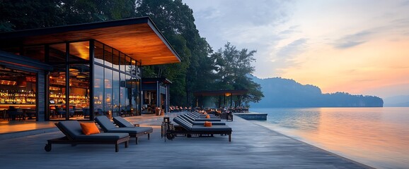 Coastal resort with sun loungers near the ocean, glowing lights, and a breathtaking sunset view