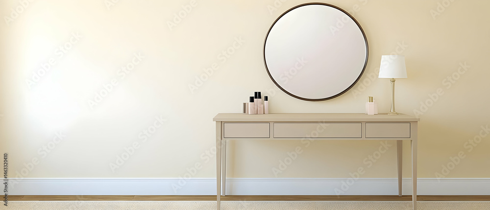 Poster empty beige dressing table with round mirror and lamp