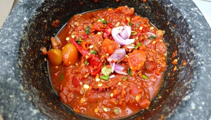Freshly pounded sambal terasi with red chilies, shallots and tomatoes in stone mortar showing rustic texture isolated background