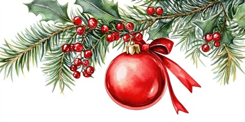 Watercolor Christmas Ornament Hanging on Festive Holly and Pine Branch
