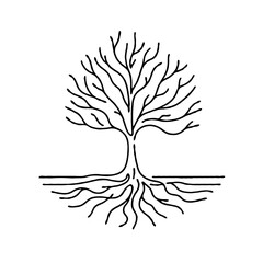 Fototapeta premium Abstract tree illustration with roots in black and white style 