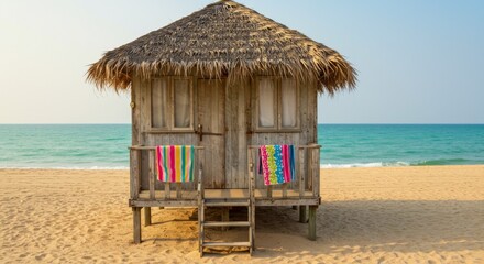 Fototapeta premium Beach Hut on Sandy Shore with Colorful Towels