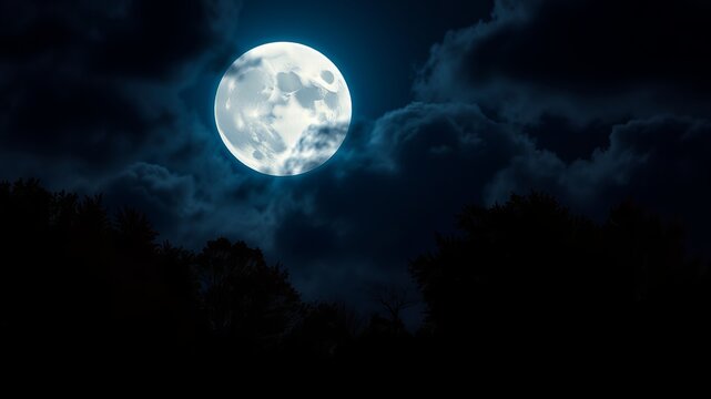 A brilliant full moon shines brightly in the night sky above a dark silhouetted forest landscape.