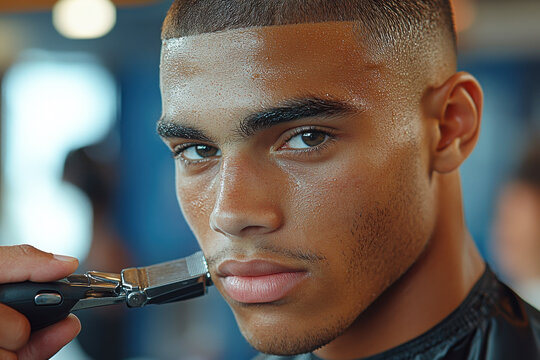 A young man gets a precise haircut at a barbershop, showing a close-up of his face and barber"s clippers.