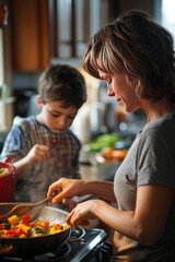 A cozy kitchen with the aroma of garlic in the air. A mother is teaching her son how to sauté vegetables while the father boils pasta