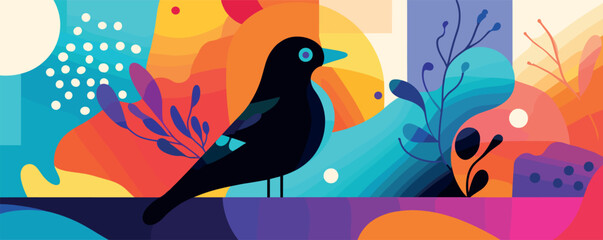 Colorful abstract art with stylized bird and bold geometric shapes in vibrant palette.