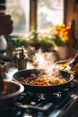 A cozy kitchen with the aroma of garlic in the air. A mother is teaching her son how to sauté vegetables while the father boils pasta