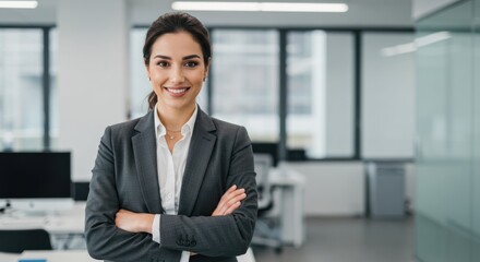 Smiling woman in business attire stands in a bright modern office with arms crossed.