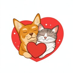Fototapeta premium Cute and Adorable Cat and Dog Embrace with Heart on Red Background for Pet Lovers and Animal Illustrations