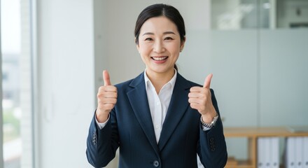 Woman in business attire gives thumbs up gesture indoors smiling at camera.