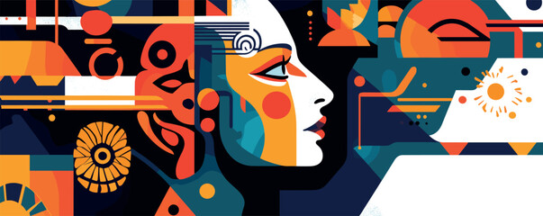 Fototapeta premium Colorful abstract portrait of female face in geometric shapes and bold patterns.