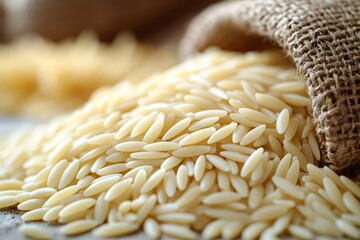 Close up of Orzo Pasta Pouring from Burlap Sack Food Photography