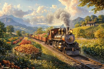 Obraz premium Vintage Steam Train Traveling Through Lush Countryside with Vibrant Fruit Fields and Majestic Mountains Under a Picturesque Sky
