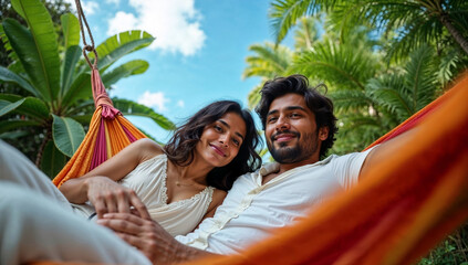 Indian couple relaxing together on a hammock in tropical garden enjoying peaceful vacation vibes and romantic outdoor leisure in lush green nature