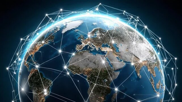 Connected World: The globe is encompassed by a network of interconnected nodes, signifying the digital age and global connection, with detailed rendering and vibrant colors. 