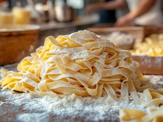 Fresh Homemade Tagliatelle Pasta Flour Dust Italian Food Photography