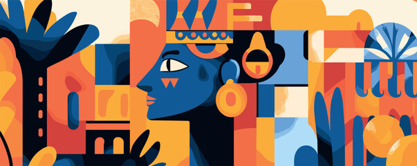 Abstract portrait of an egyptian woman in colorful geometric art style with vibrant shapes and patterns.