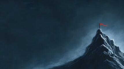 Abstract mountain peak silhouette with flag at summit under dramatic side lighting on a minimalist chalkboard-style background, symbolizing achievement, ambition, success, leadership, and personal