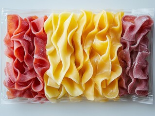 Colorful Dried Pasta Assortment in Packaging Red Yellow and Orange Flavors