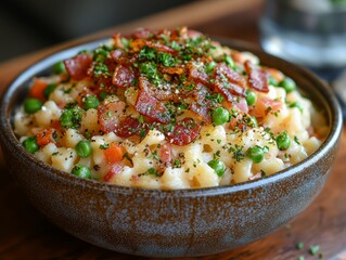 Creamy Macaroni and Cheese with Crispy Bacon Peas and Herbs