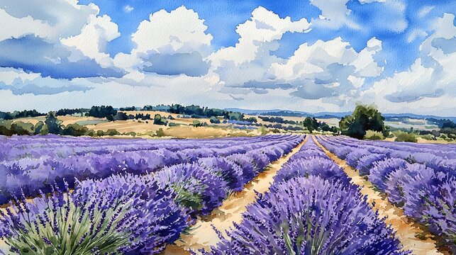 Textured watercolor painting of lavender fields under pale sky, simple rows leading to horizon, open space above for visual balance, rustic elegance and gentle tones