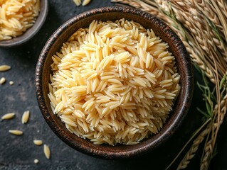 Delicious Orzo Pasta in Rustic Bowl Close up Food Photography Top View
