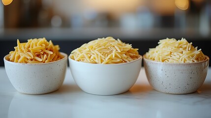 Three Bowls of Dried Pasta Assortment Orzo Ditalini and Rotelle