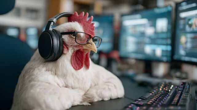 Smart Chicken's Tech-Savvy: A modern close-up of a chicken wearing glasses and headphones, immersed in the world of technology while sitting at a computer desk.