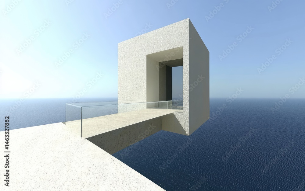 Wall mural floating cube architectural structure over calm sea