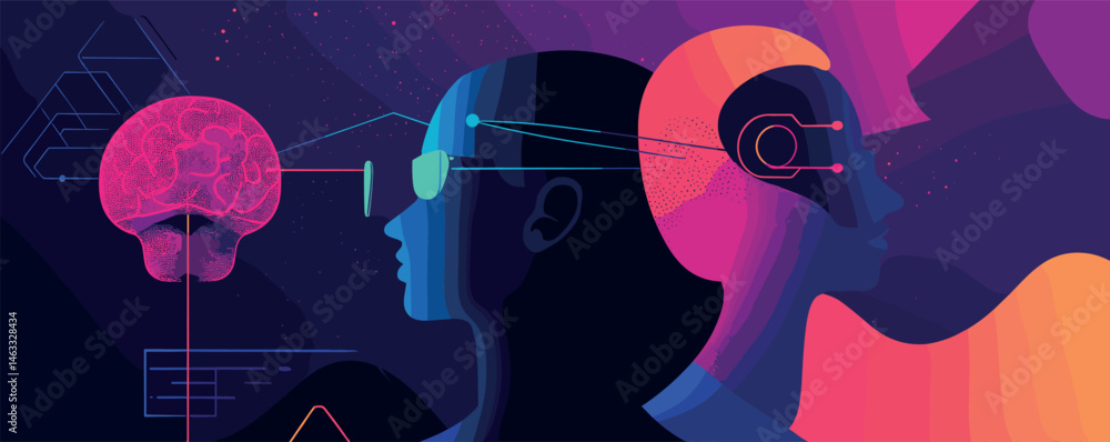 Poster abstract representation of human and ai cognition with vibrant colors and futuristic elements.