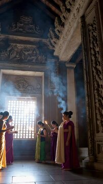 Burmese women lighting incense sticks in ananda temple