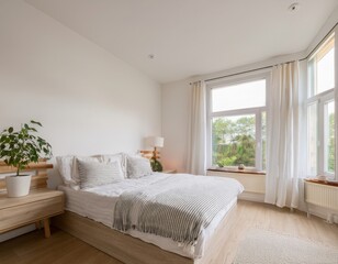 Scandinavian bedroom with clean white tones, light wood accents, simple linens, and natural light pouring in from oversized windows with minimal curtains