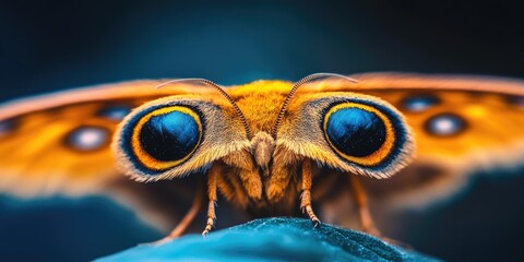 Macro Photography of a Striking Orange Moth with Vibrant Blue Eyes Resting on a Teal Leaf in Nature