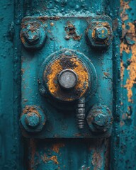 Close-up of a weathered, teal-colored metal plate with an intricate assembly of bolts, nuts, and a central component