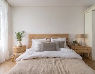 Scandinavian bedroom with clean white tones, light wood accents, simple linens, and natural light pouring in from oversized windows with minimal curtains