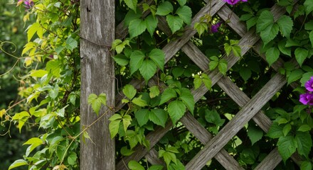 Green Vines Climbing Wooden Trellis With Purple Flowers