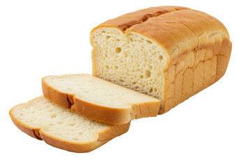 A sliced loaf of white bread showing the texture and crust color isolated on transparent background