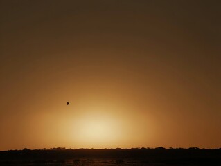 Silhouetted balloon at golden sunset over a landscape.