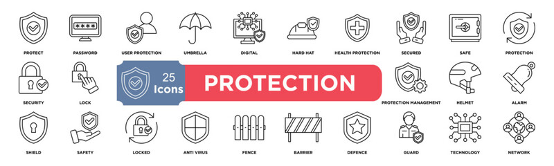 Protection icon set. Containing safe, shield, lock, security, alarm, umbrella, guard, fence and more. line vector icons collection.